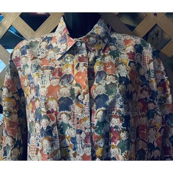 Red headed Ginger Kids Print Cute Whimsical Button up Cotton Tunic Women's L - Picture 5 of 10